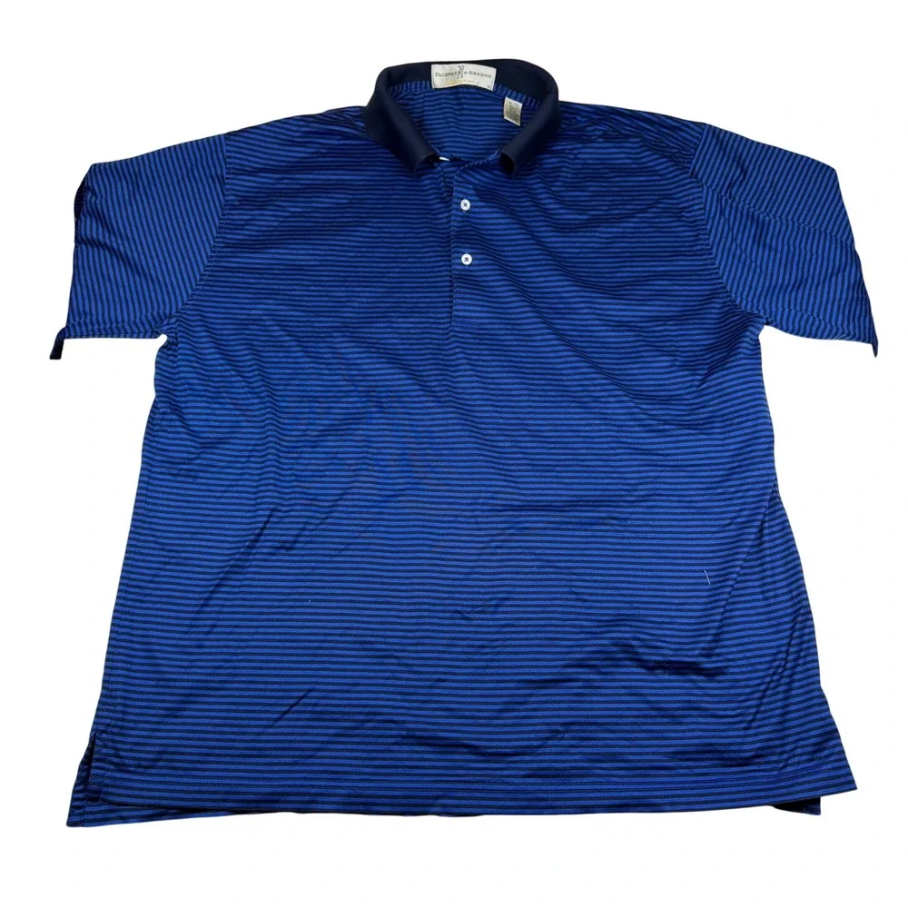 Fairway & Greene Mens XL Blue Striped Mercerized Cotton Polo Shirt Equifax Logo